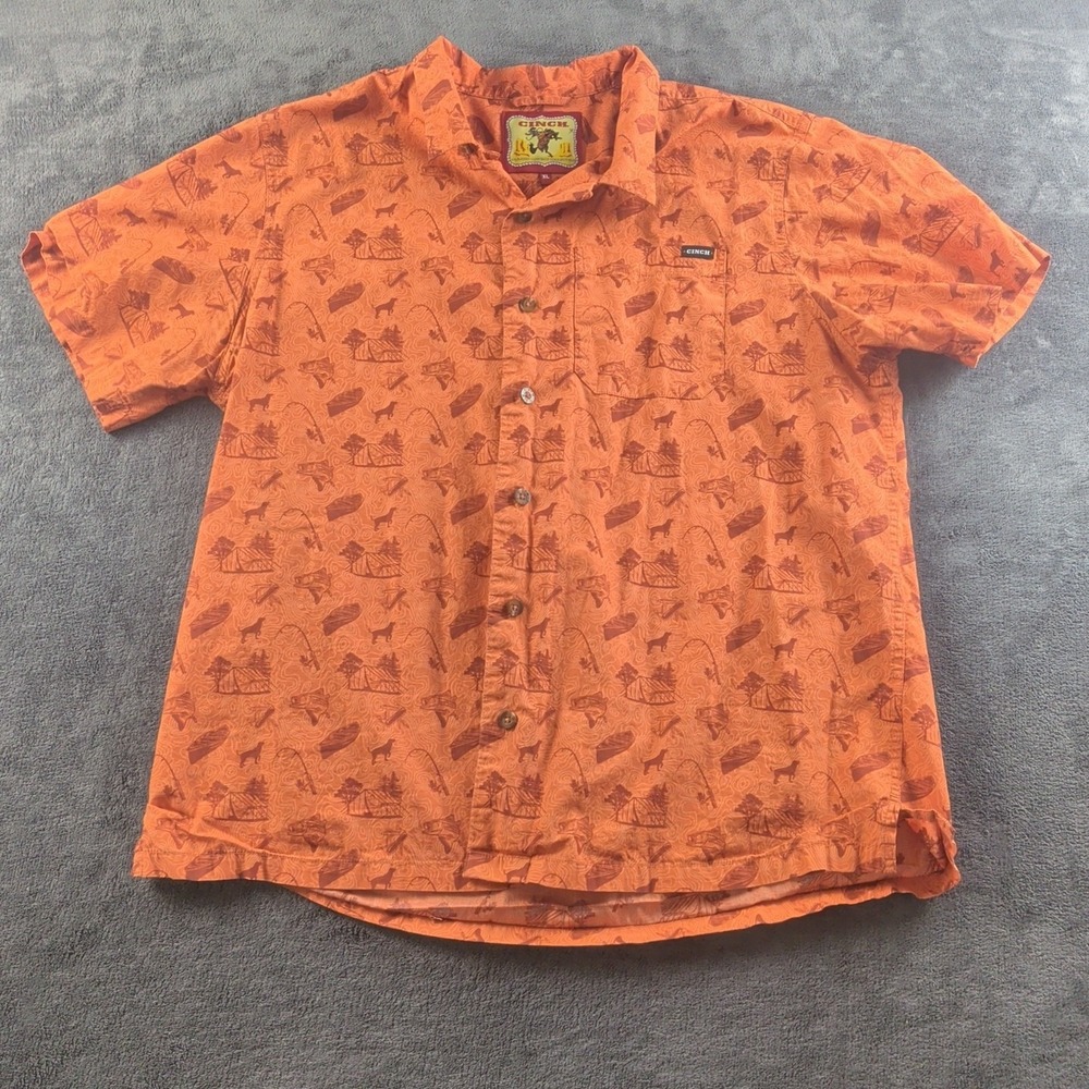 Cinch Classic Cowboy Collection Mens XL Button Up Western Fishing Dog Orange